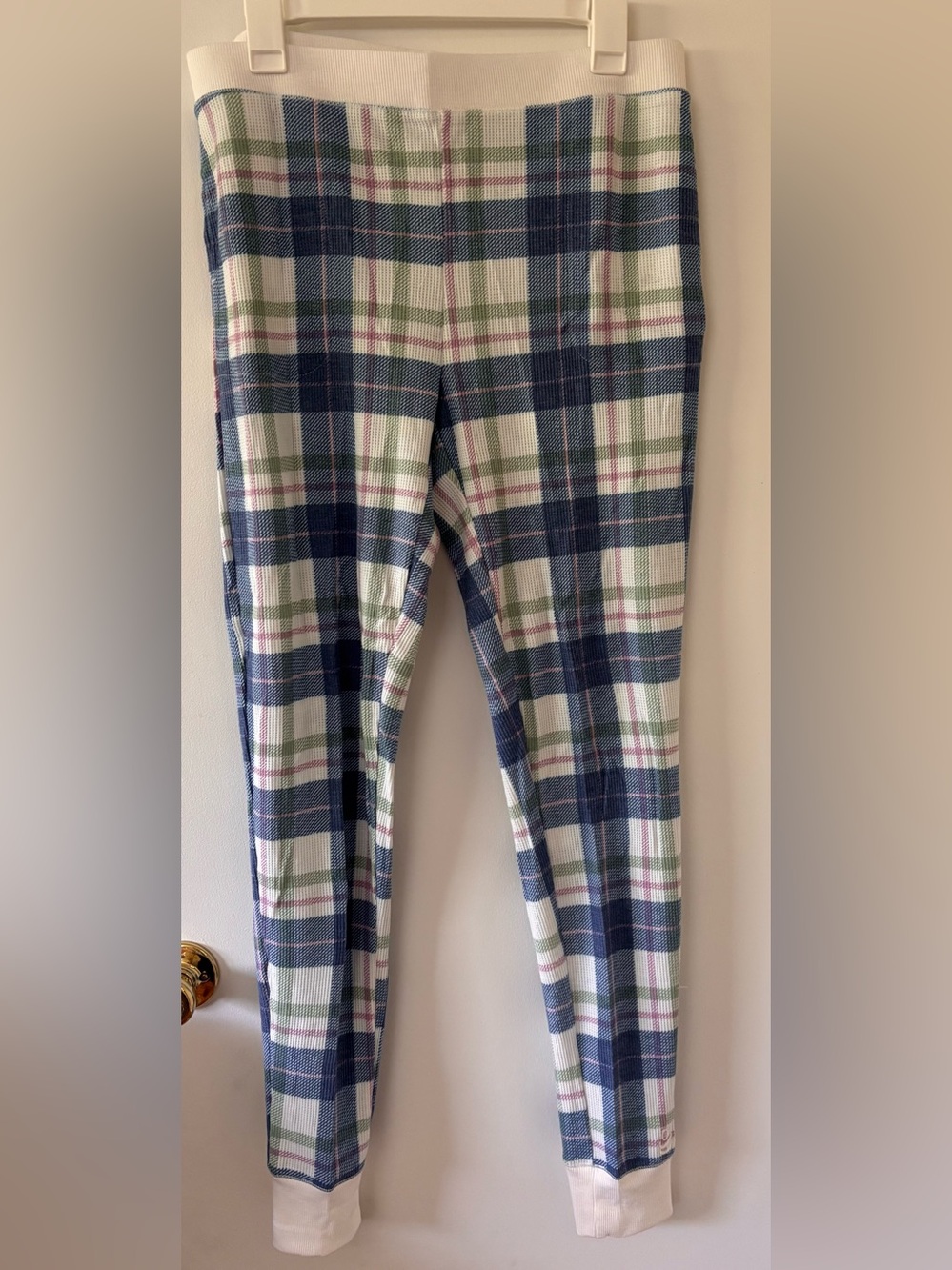 Cuddl Duds Cozy Stretch Thermal Pants in Cream, Blue & Pink Plaid L